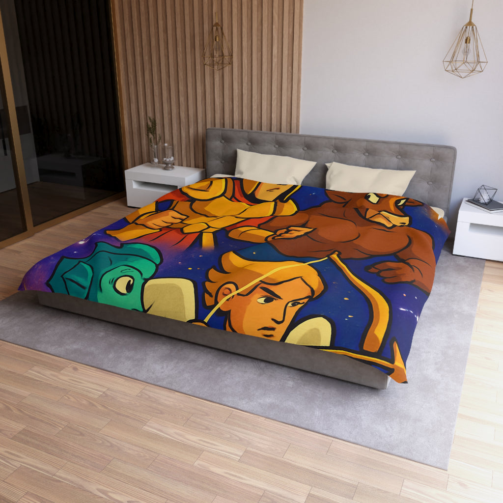 Housse de couette zodiaque illustrée avec chevalier, taureau, ange et créature marine