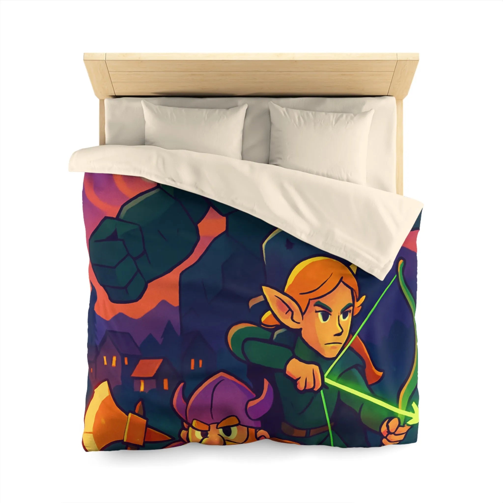 Housse de Couette Fantastique avec Guerrier, Archer et Golem sous Aurores Boréales Éclatantes