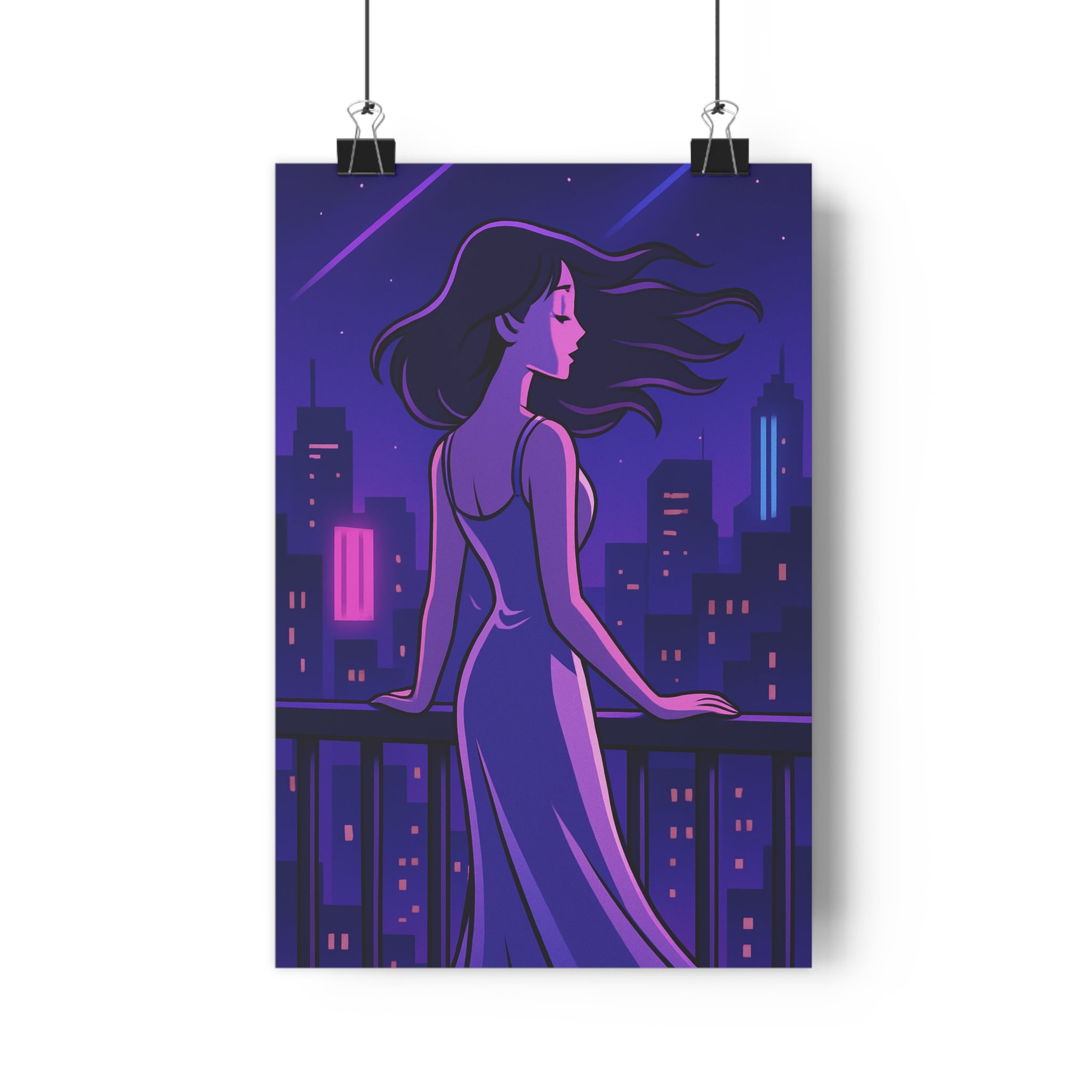 Poster décoratif animé femme mystérieuse violet bleu ambiance romantique nocturne salon chambre élégant rêveur