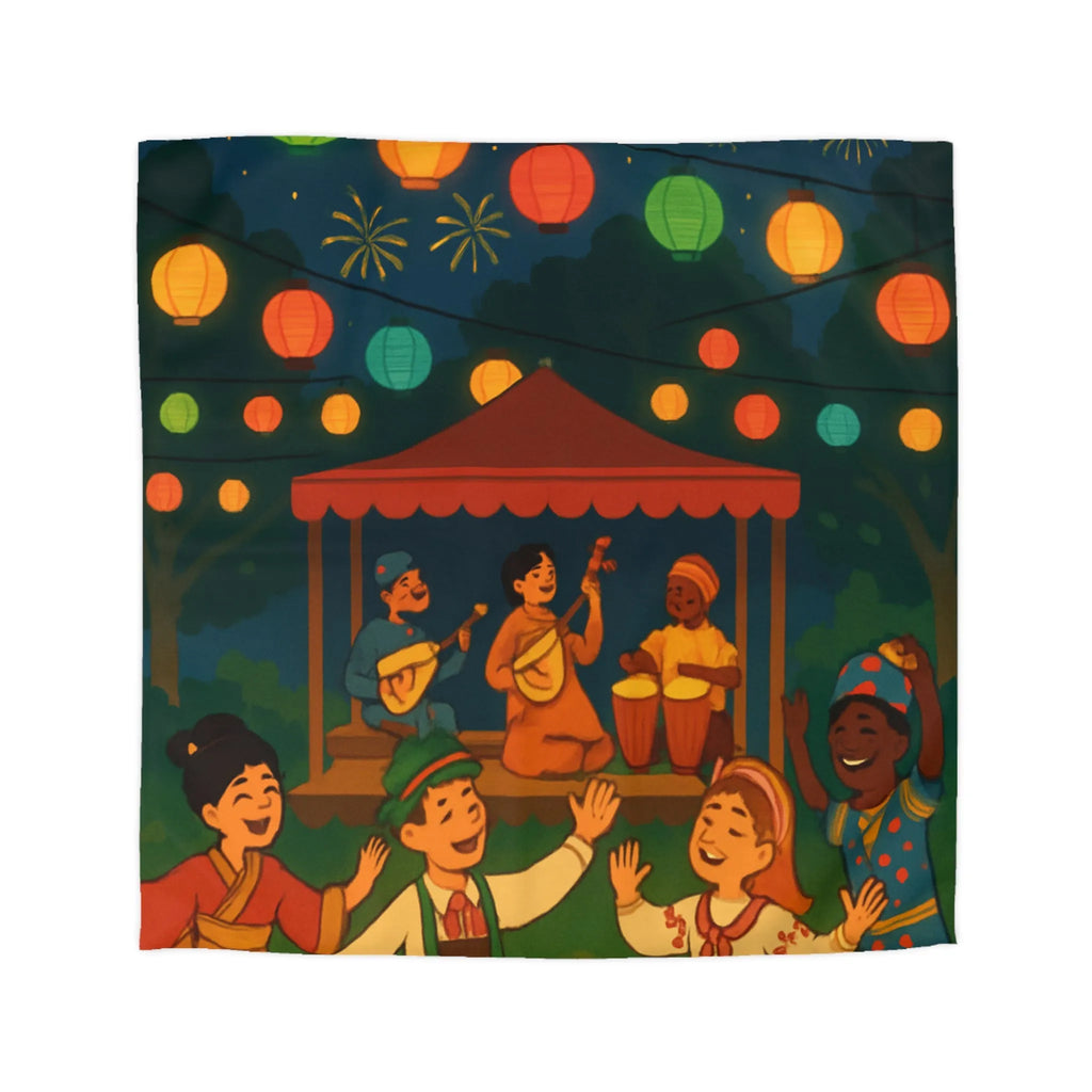 Housse de Couette Enfant Festive avec Lanternes Colorées et Scène de Musique en Plein Air