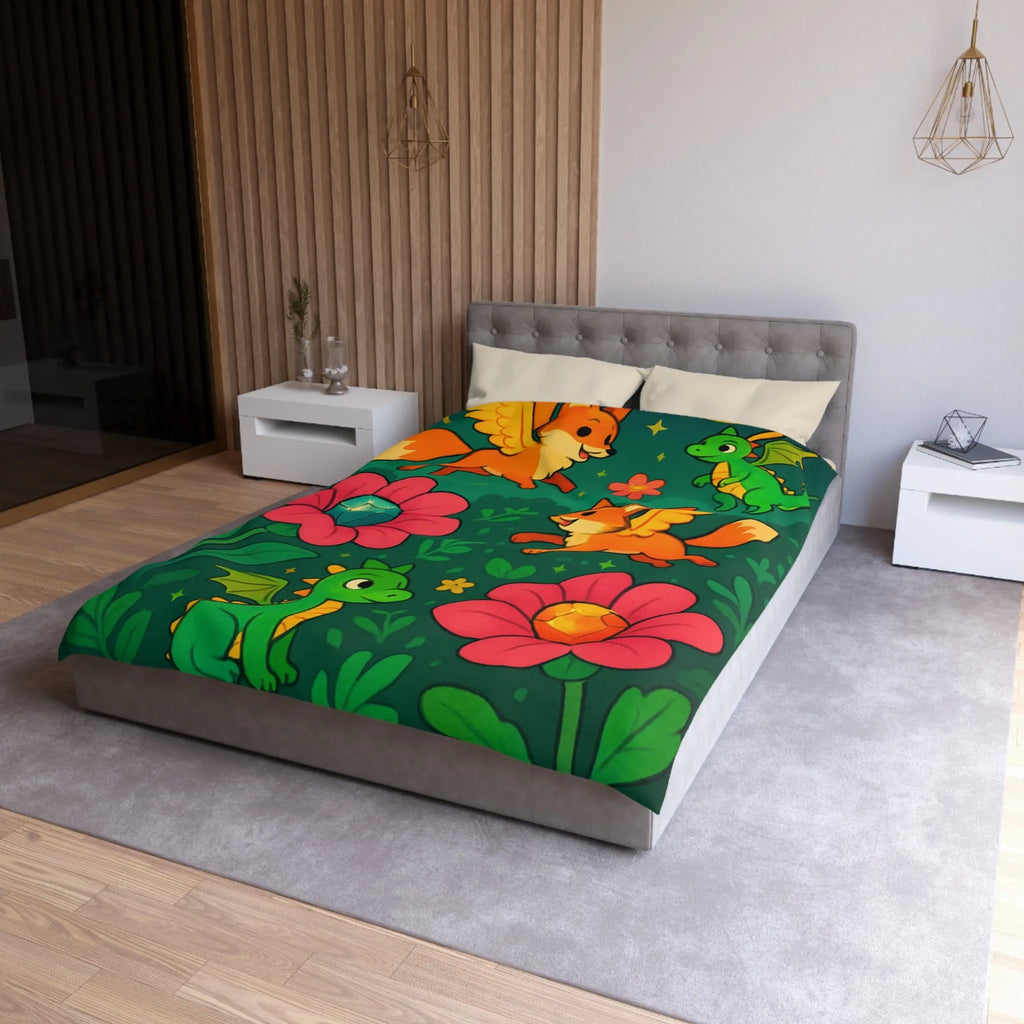 Housse de couette féerique renards ailés et dragons colorés sur fond floral