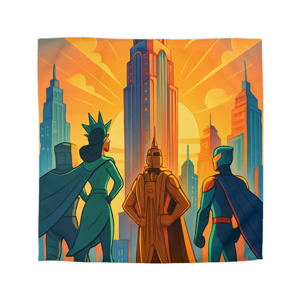 Super-héros courageux contemplant une ville moderne au lever du soleil urbain majestueux