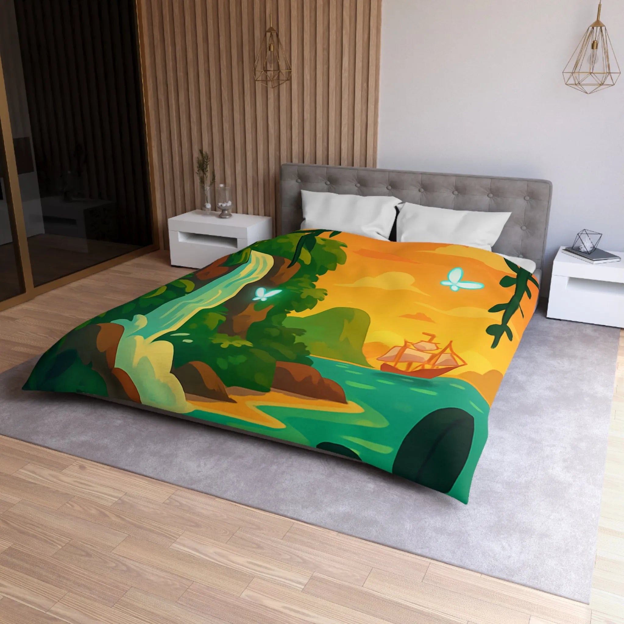 Housse de couette exotique avec cascade, papillons lumineux et bateau au coucher du soleil