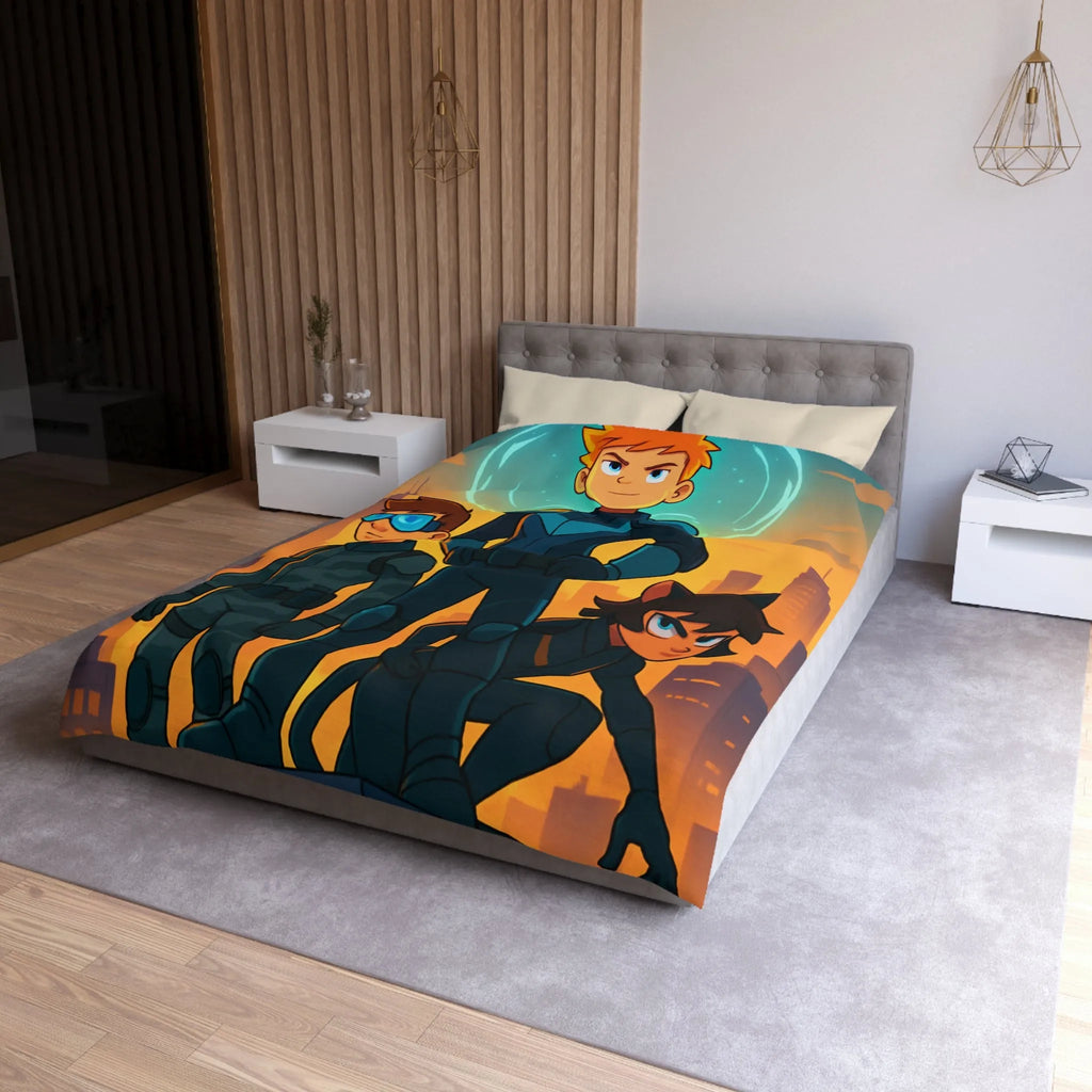 Ensemble d'aventure animé avec enfants héros sur fond urbain au crépuscule