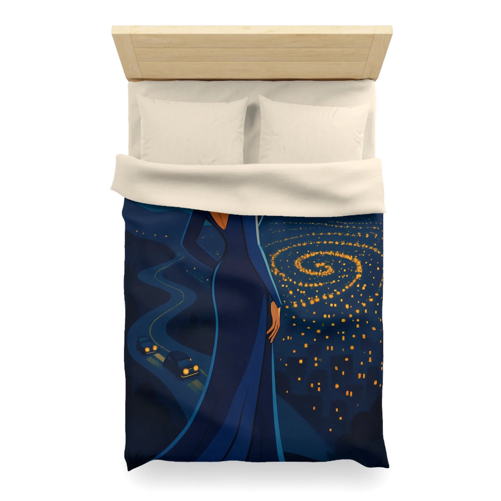 Élégante femme blonde contemplant un paysage nocturne étoilé en robe bleue longue