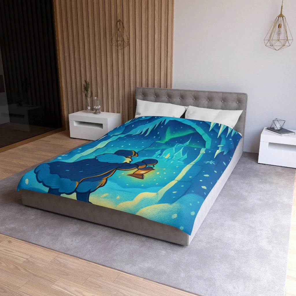 Housse de couette hivernale avec scène lumineuse de paysage enneigé et féérique