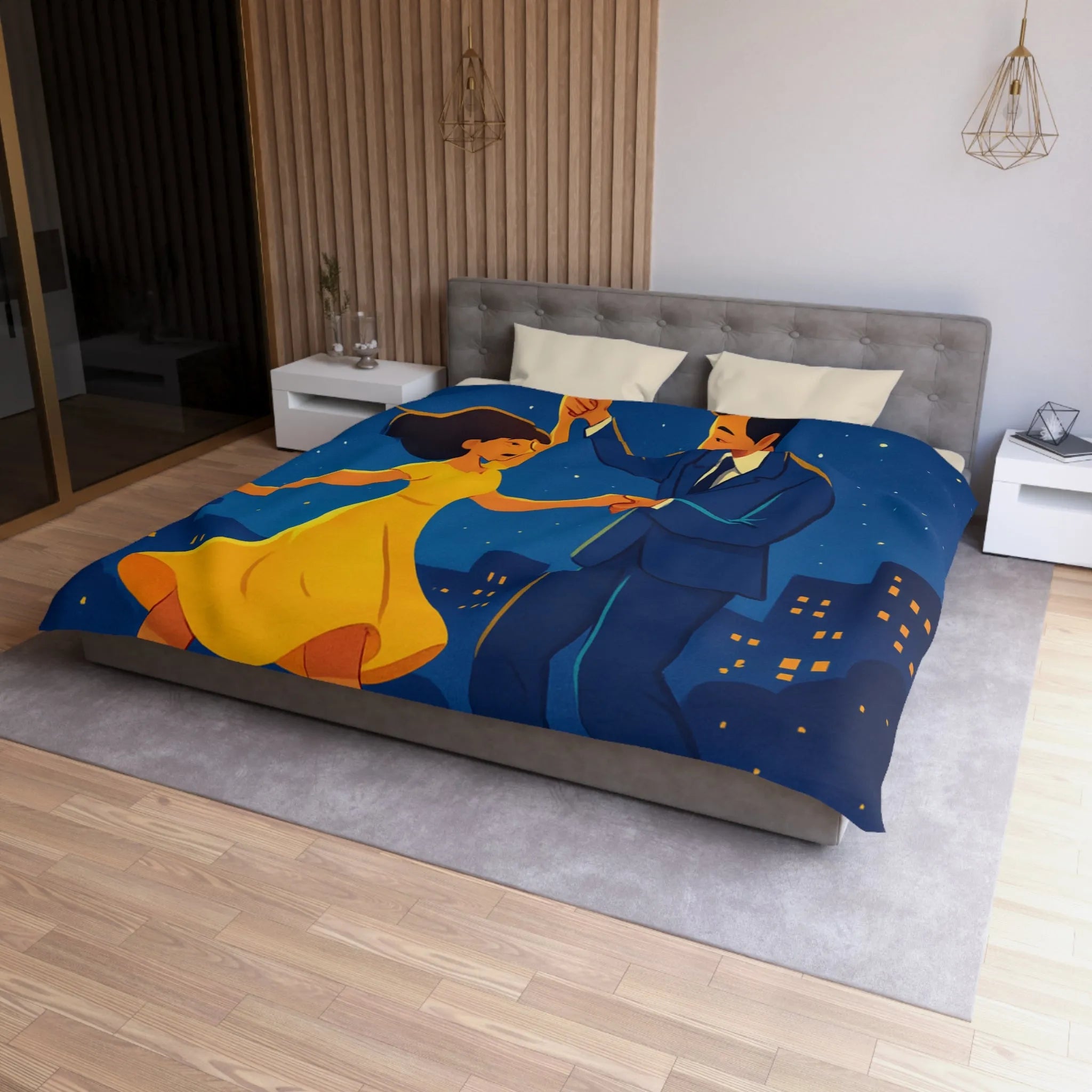 Housse de Couette Étoilée avec Couple Dansant en Soirée Ville Style Vintage