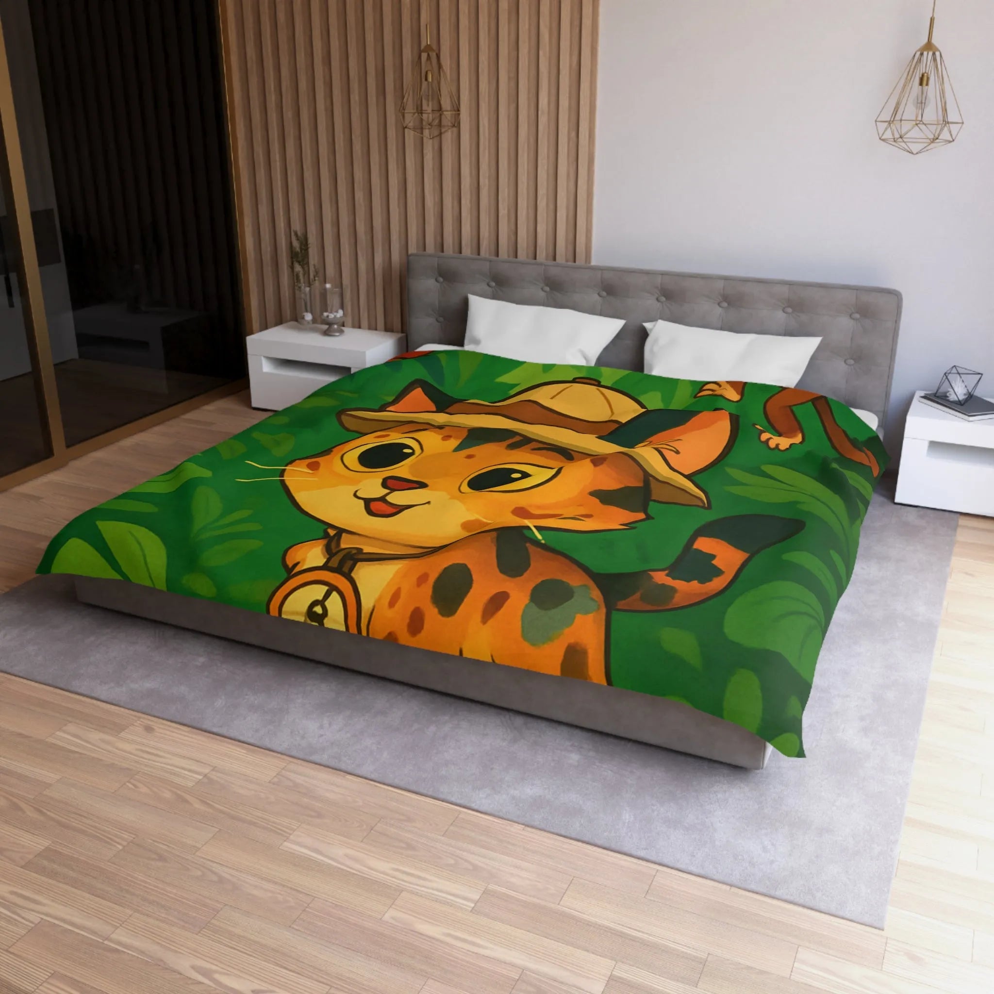 Housse de couette avec chat explorateur, jungle colorée, perroquet et singe joyeux