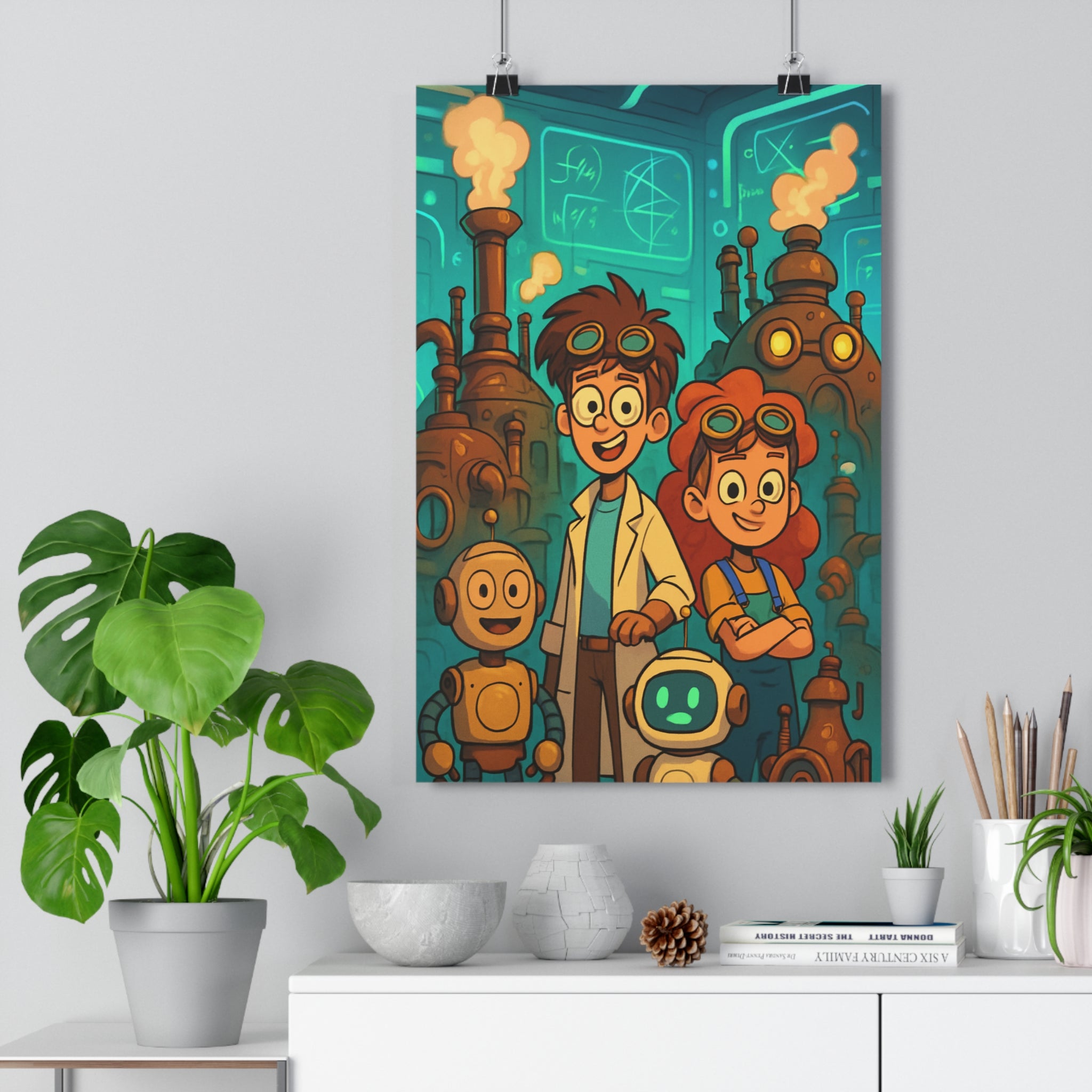 Poster décoratif futuriste steampunk bleu cuivre créatif chambre enfant bureau aventure format 30x46 qualité