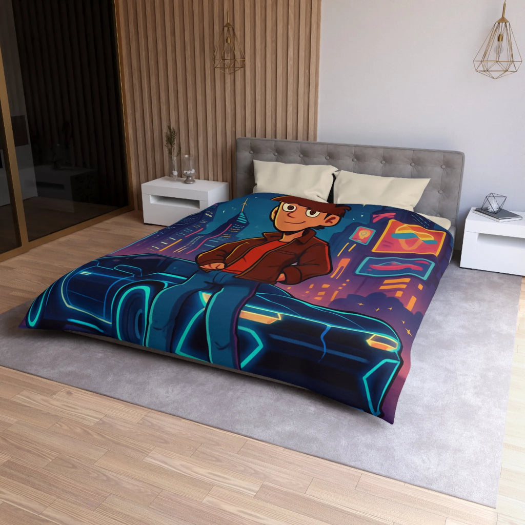 Housse de Couette Future Enfant Ville Nocturne Néons Jeune Garçon et Voiture