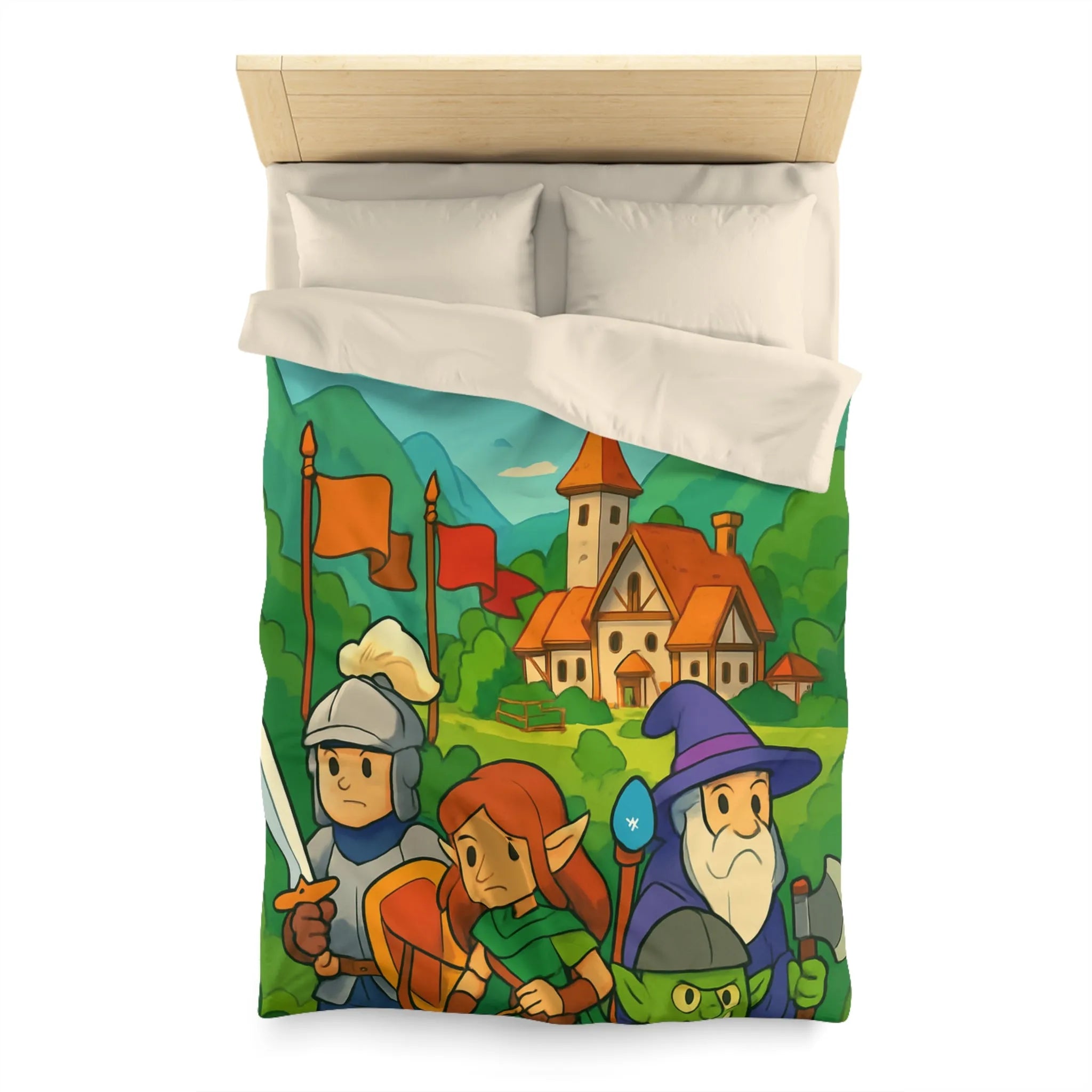 Housse de couette aventure médiévale avec dragons, chevalier, elfe, sorcier et troll