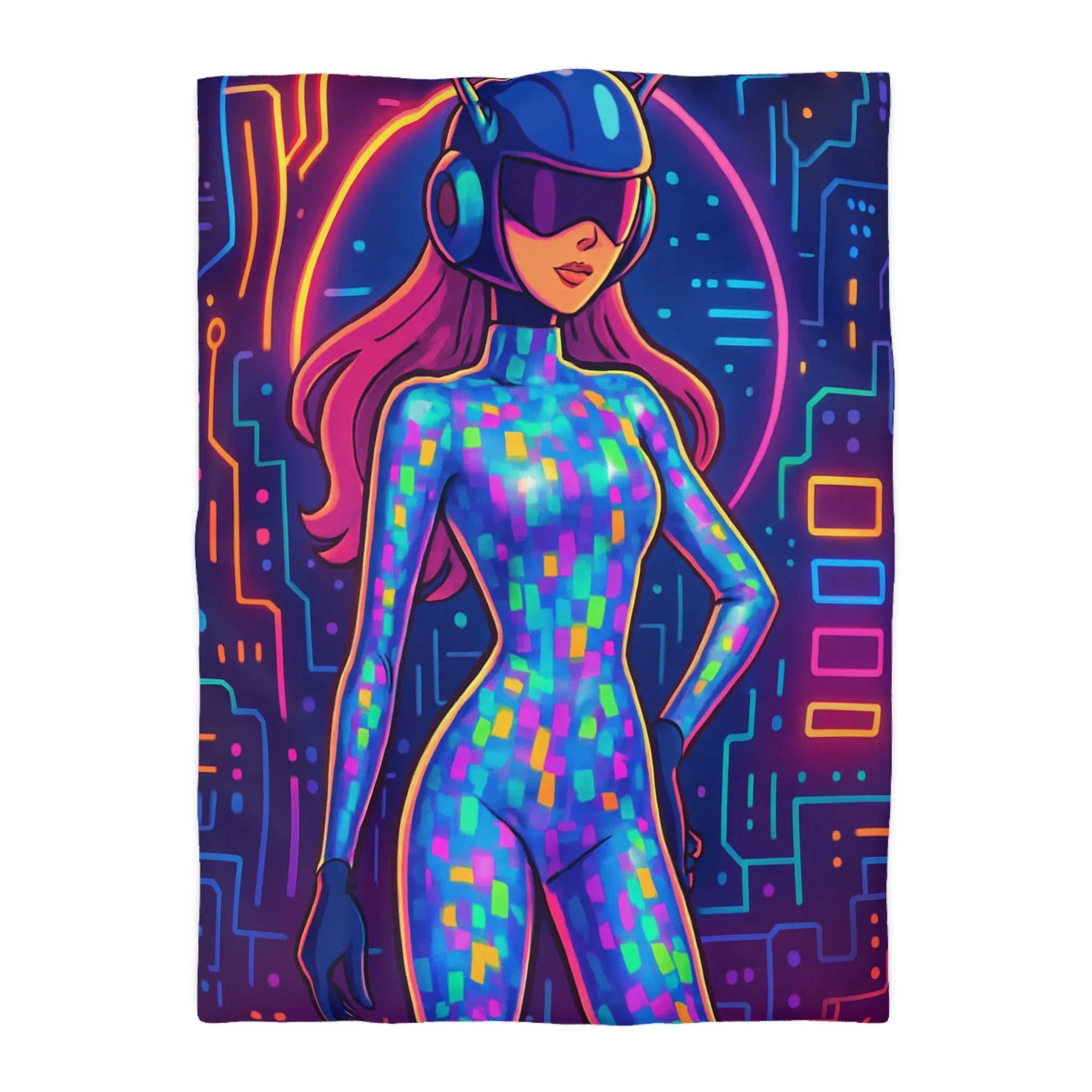 Housse de couette futuriste néon avec motif de femme cyborg colorée et lumineuse