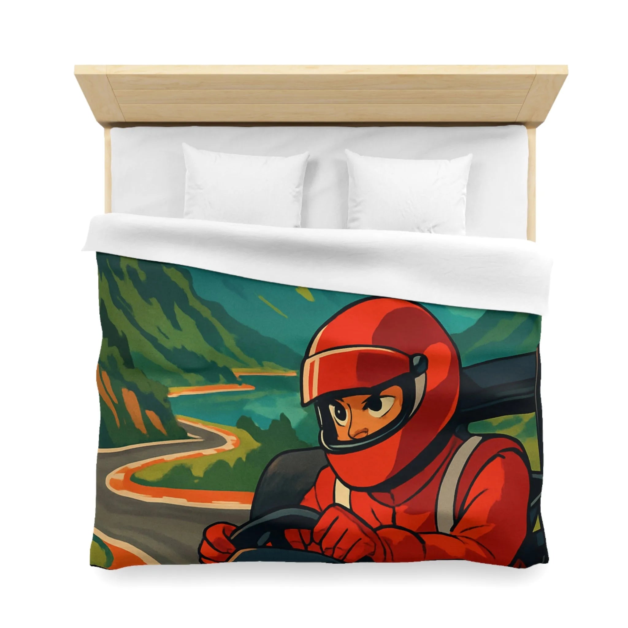 Housse de couette inspirée par une course en montagne avec conducteur en combinaison rouge