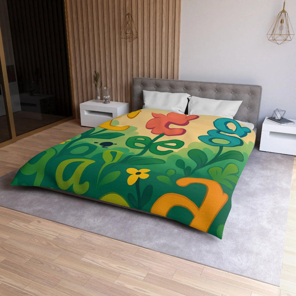 Housse de couette colorée avec lettres et fleurs pour chambre d'enfant joyeuse