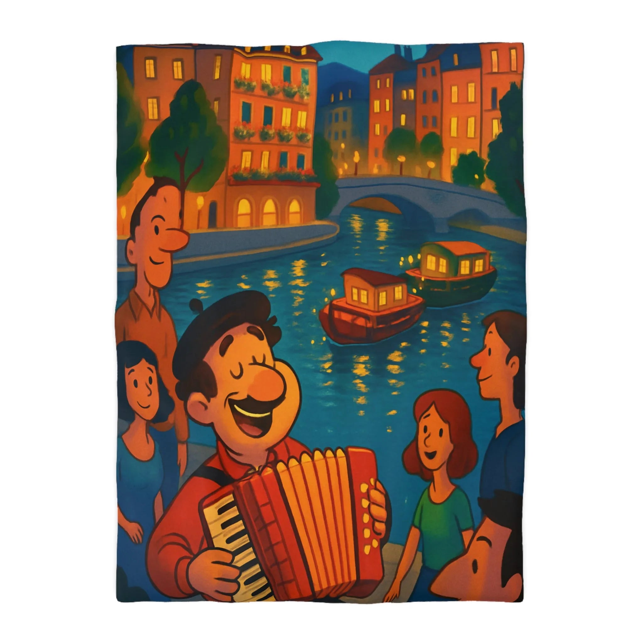 Housse de couette avec illustration animée d'une scène joyeuse au bord de la rivière