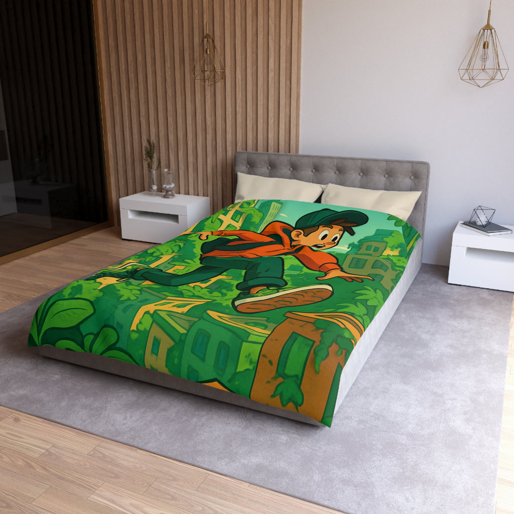 Housse de Couette Motif Urbain Vert avec Garçon Aventurier en Tenue Décontractée