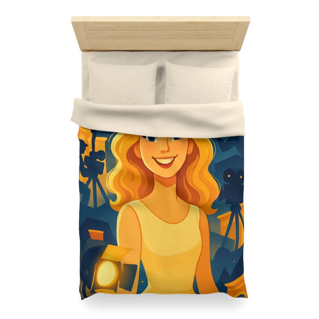 Housse de couette avec scène de tournage glamour et personnages stylisés illuminés