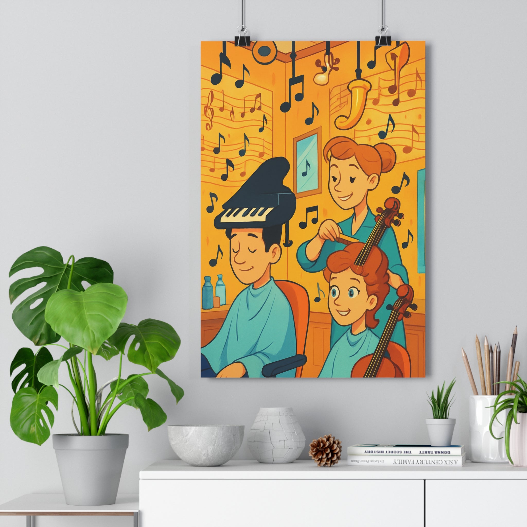 Poster décoratif cartoon jaune bleu salon enfant musical joyeux artistique harmonieux intérieur créatif unique