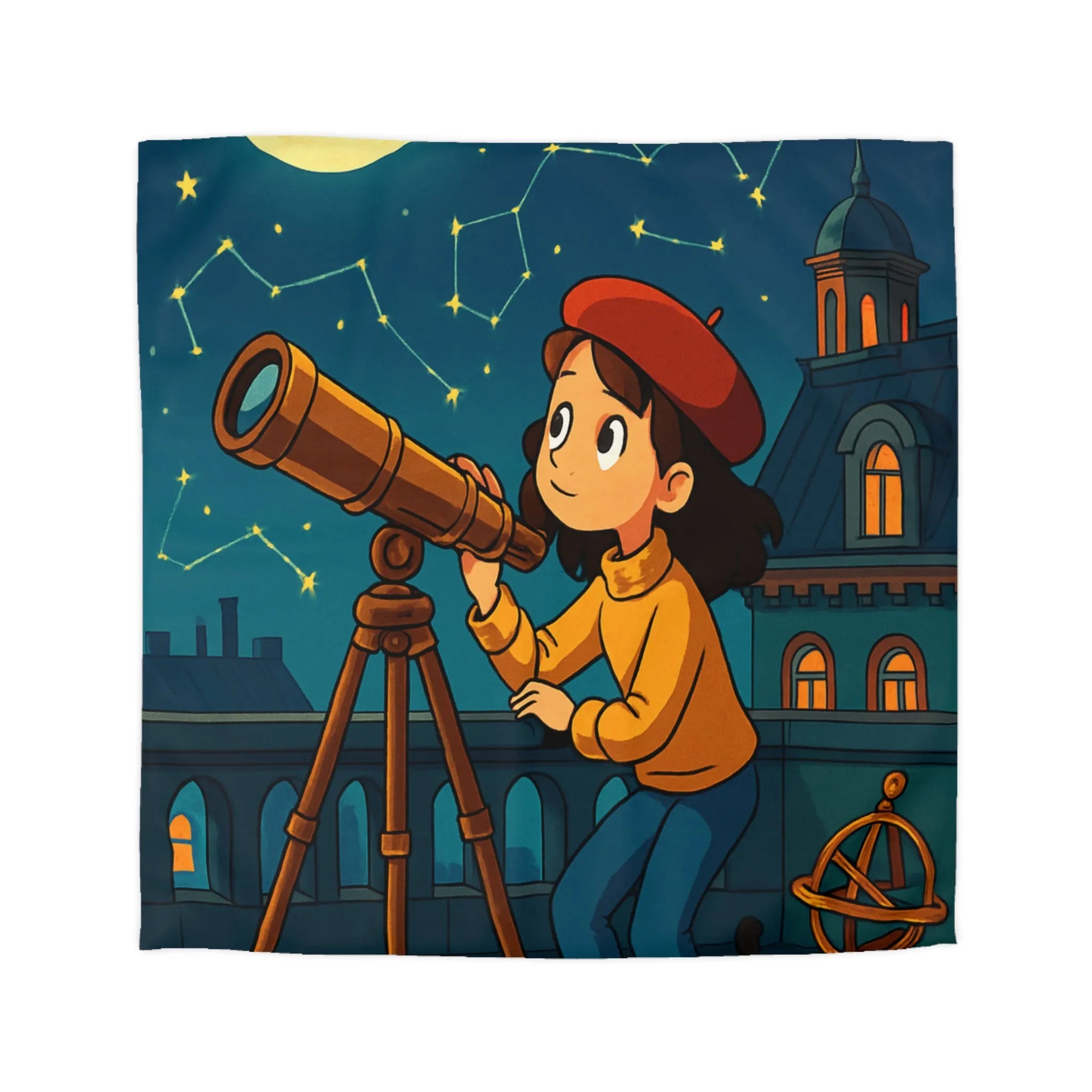 Housse de Couette Enfant Astronome avec Télescope, Ciel Étoilé Magique et Constellations