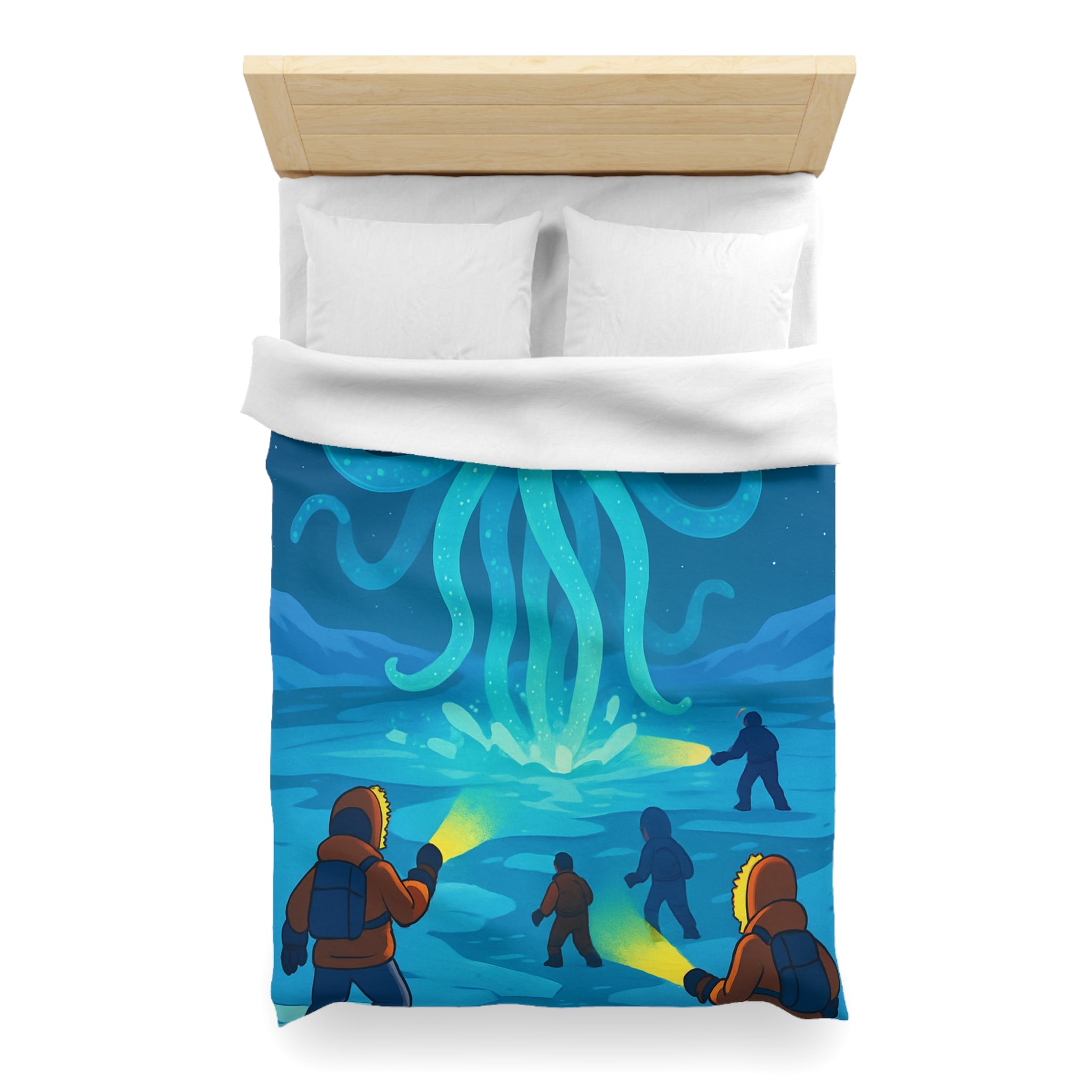 Nuit polaire avec pieuvre géante luminescente sous ciel étoilé et aventuriers en doudoune