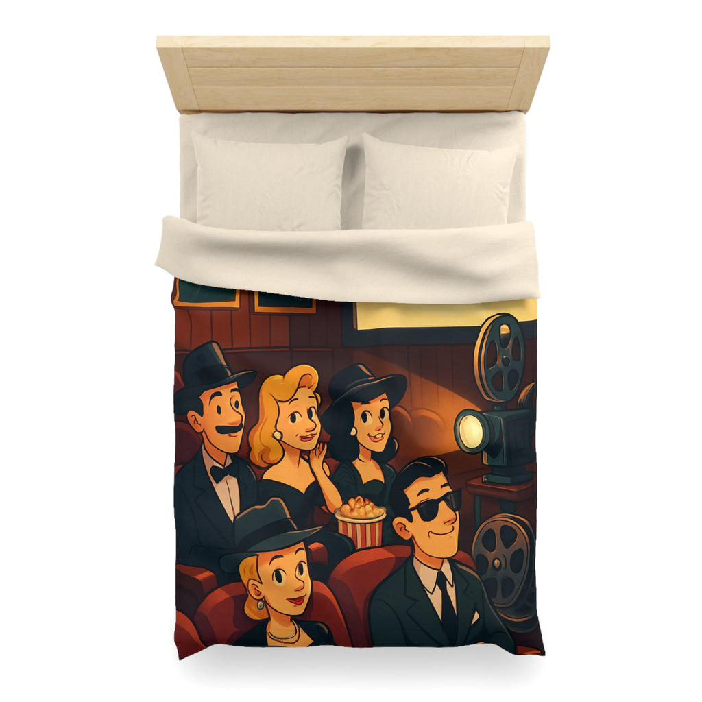 Housse de Couette Rétro Cinéma avec Scène de Spectateurs Élégants et Projecteur