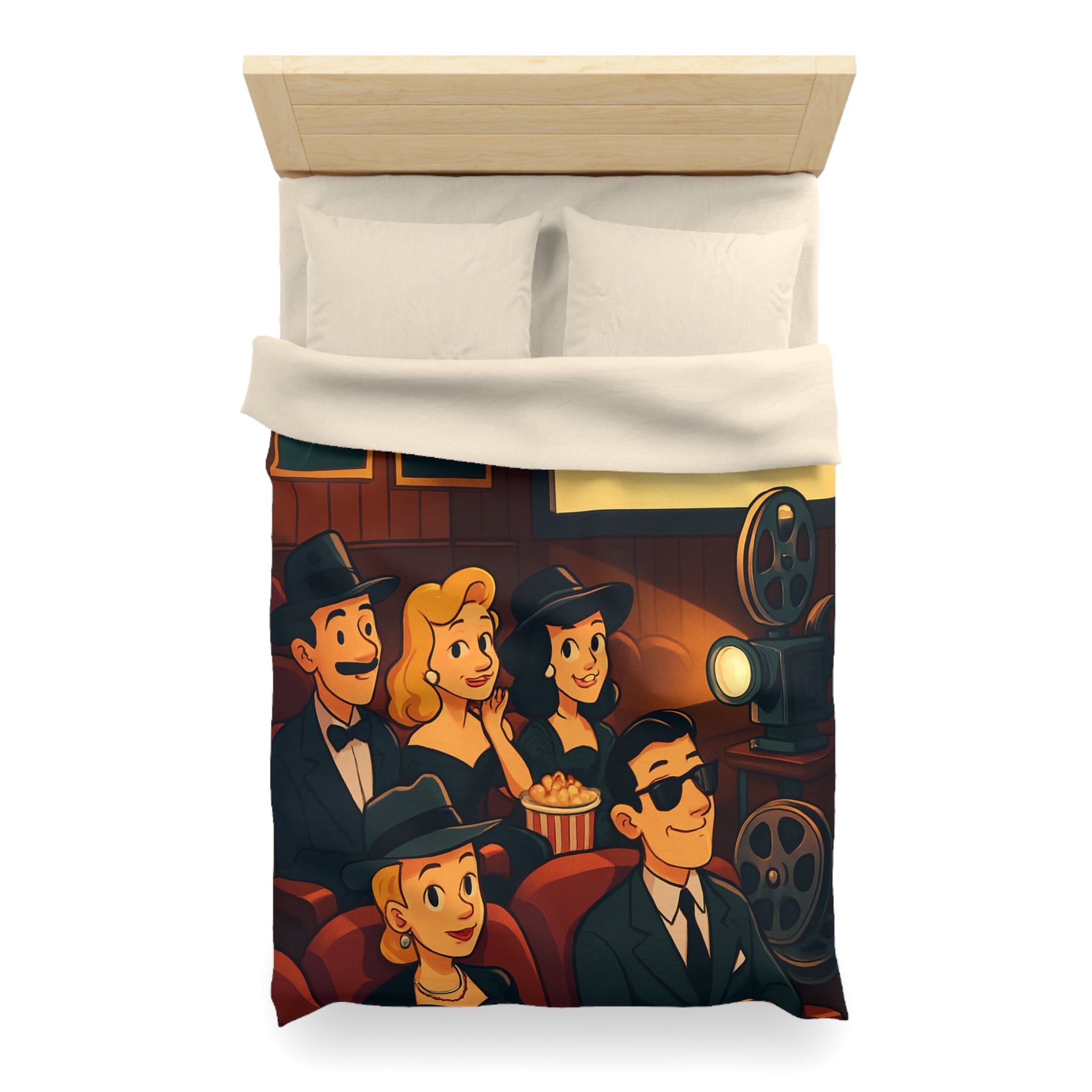 Housse de Couette Rétro Cinéma avec Scène de Spectateurs Élégants et Projecteur
