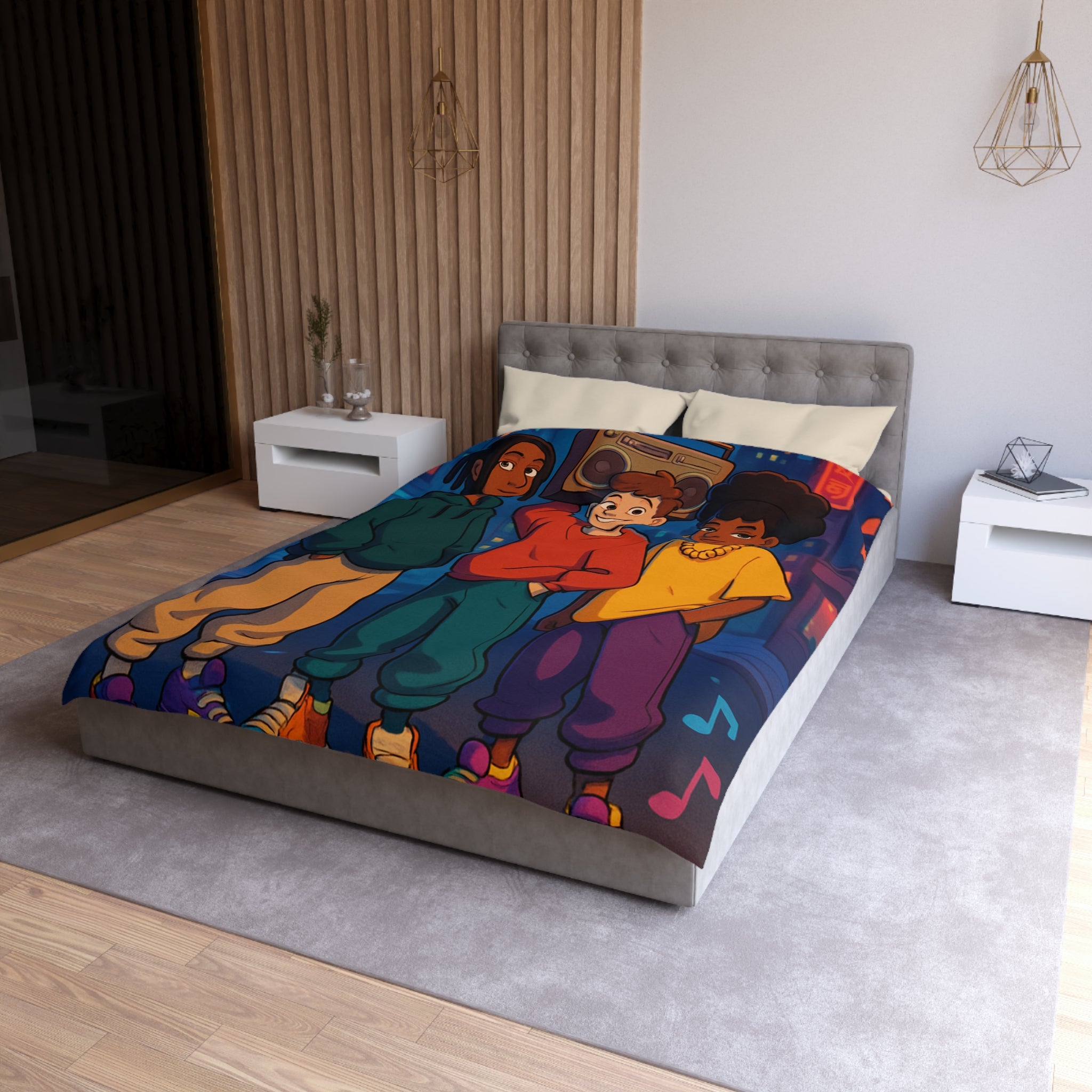 Housse de couette urbaine colorée avec adolescents et radio cassette dans la rue nocturne