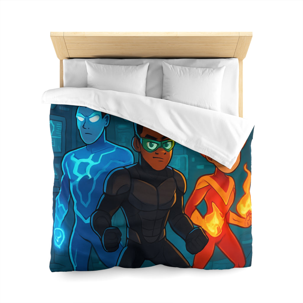 Housse de couette super-héros colorée avec motifs de feu, glace et technologie futuriste