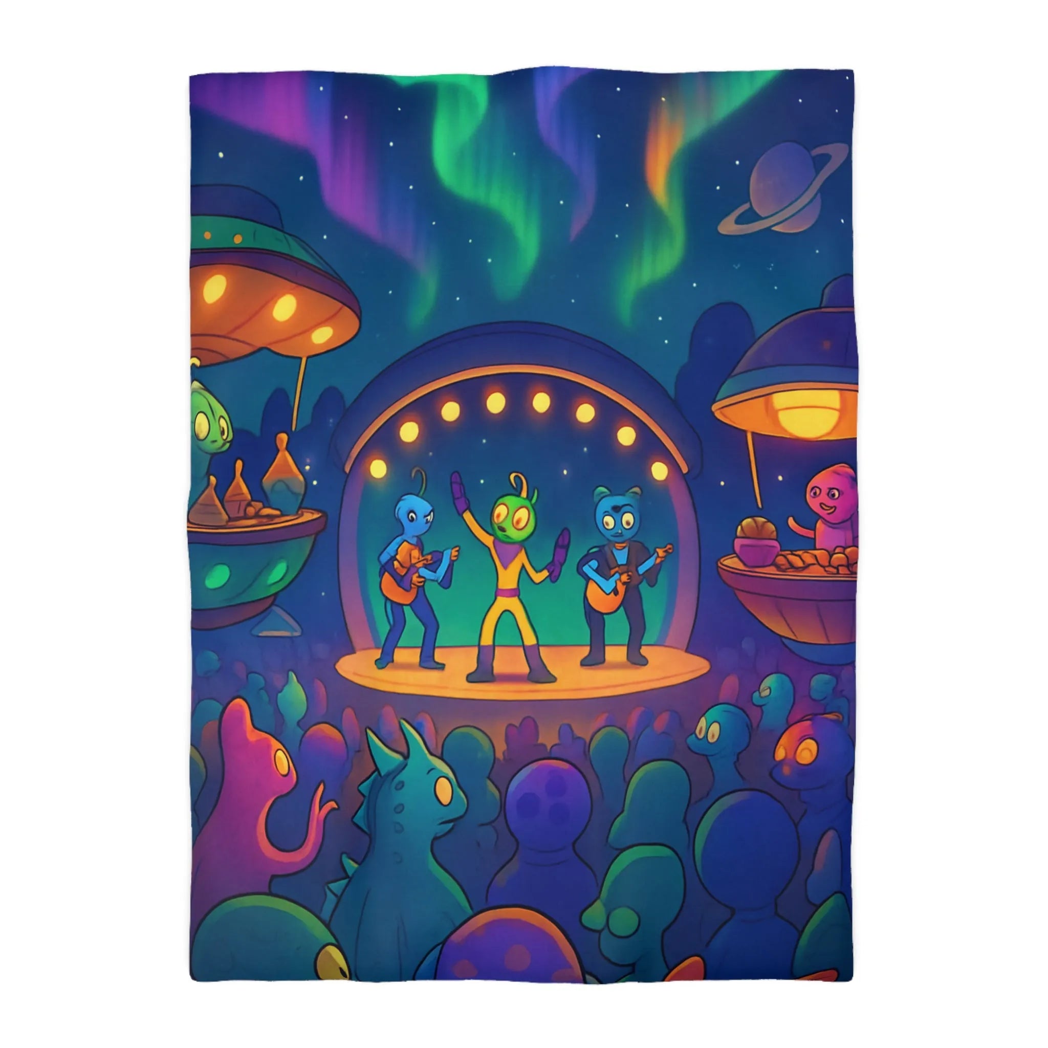 Housse de couette illustrée d'aliens en concert sous des aurores boréales éclatantes