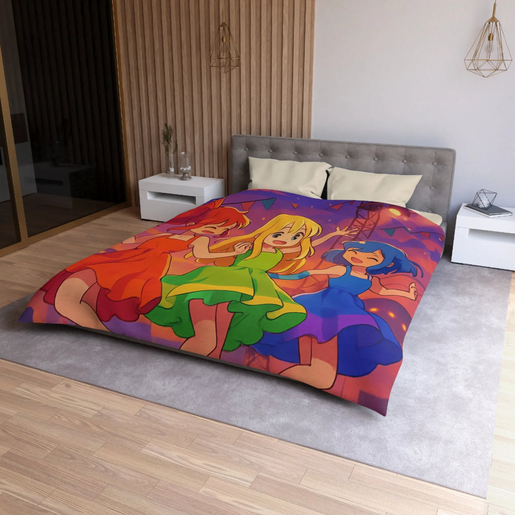 Housse de Couette Colorée avec Trois Amies Dansant sur une Scène Éclairée de Nuit