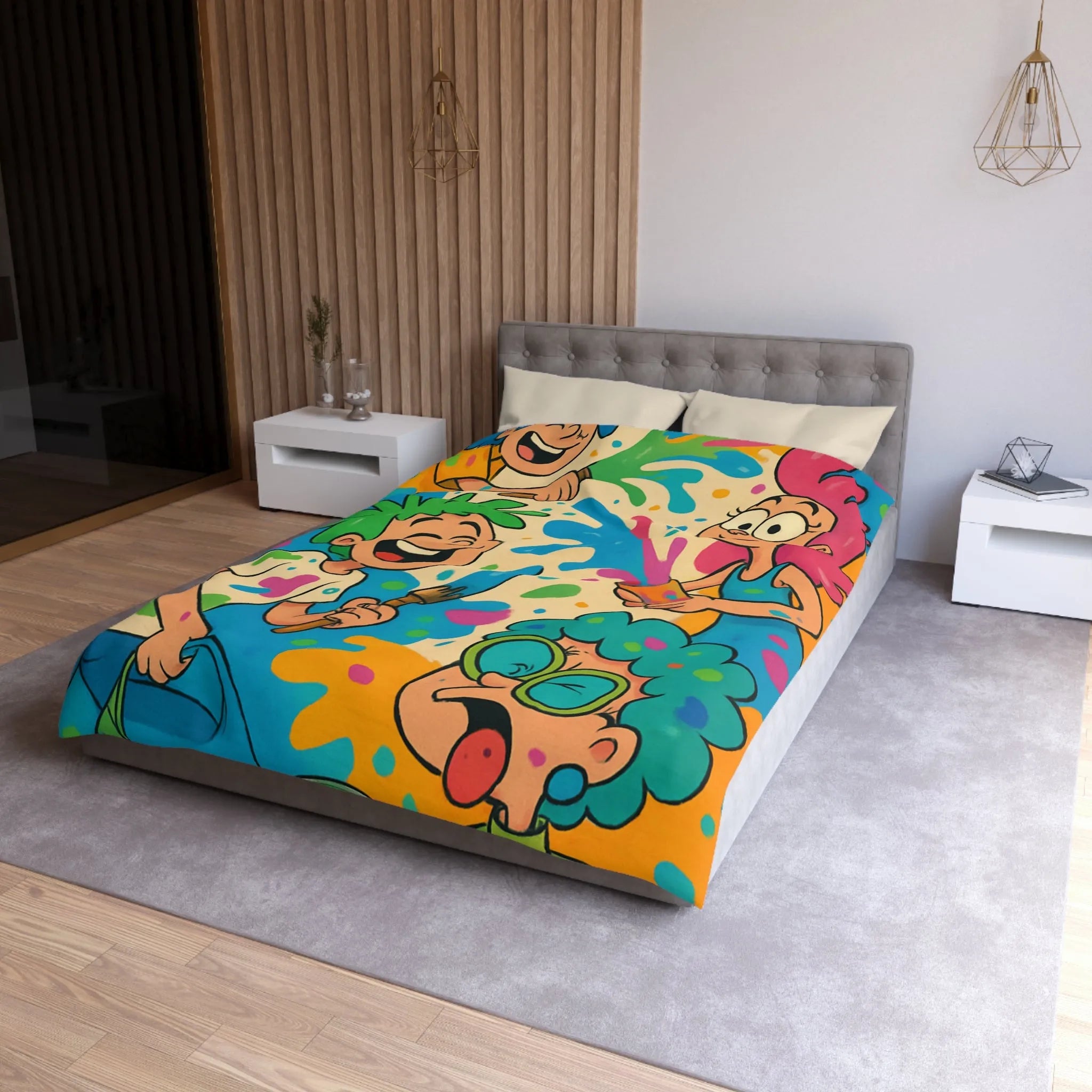 Housse de couette colorée pour enfants avec personnages joyeux et éclaboussures de peinture