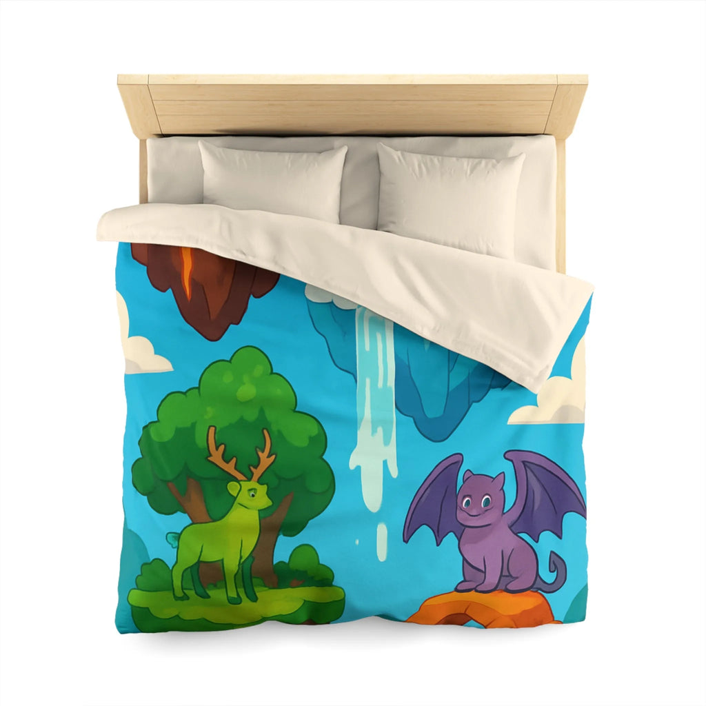 Housse de couette fantasy avec îles flottantes et créatures magiques colorées