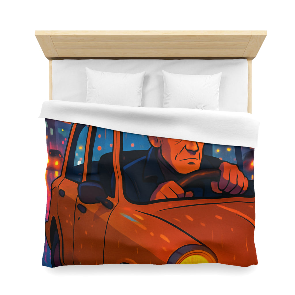 Illustration Nocturne Métropole avec Chauffeur de Taxi sous Pluie pour Housse de Couette