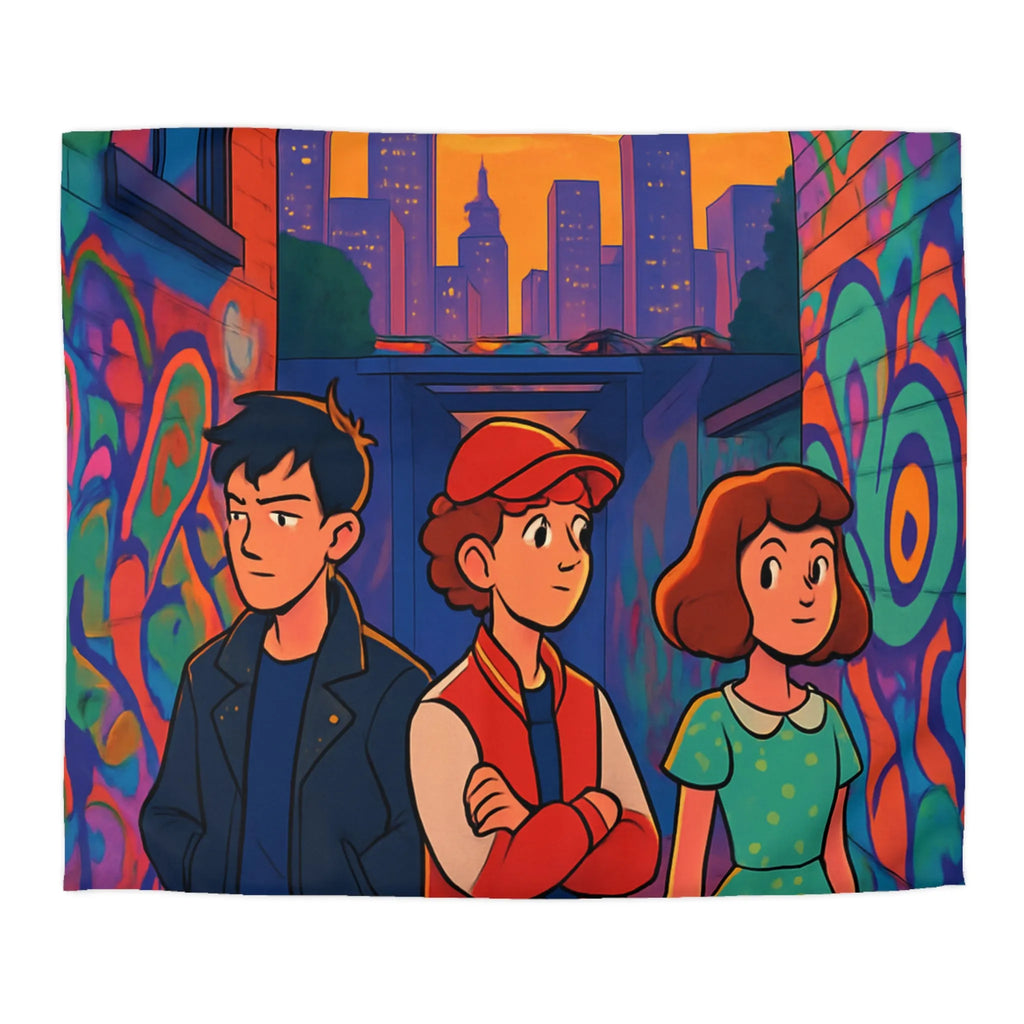 Exploration Urbaine Colorée Révélant Une Scène Enchantée de Graffiti avec Trois Adolescents