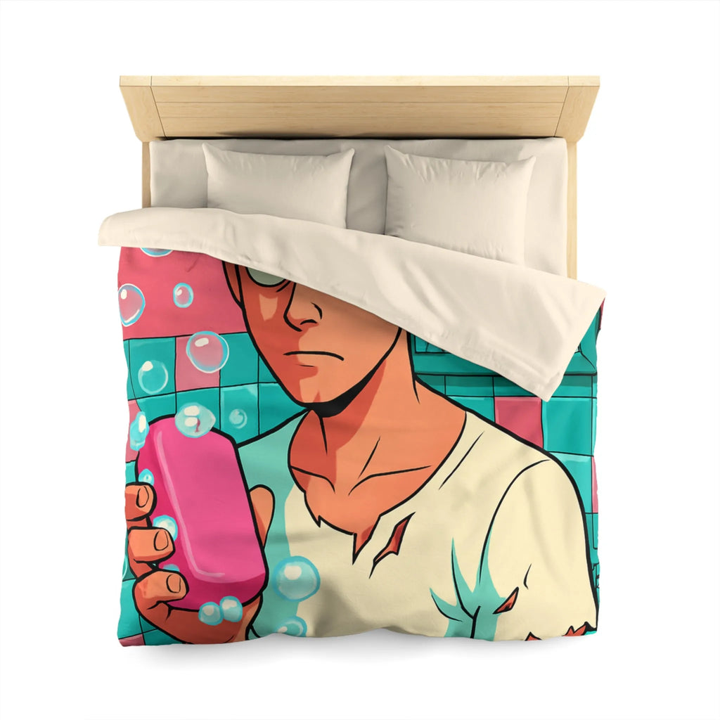 Housse de Couette avec Jeune Homme Déterminé Tenant Un Savon Rose en Colère