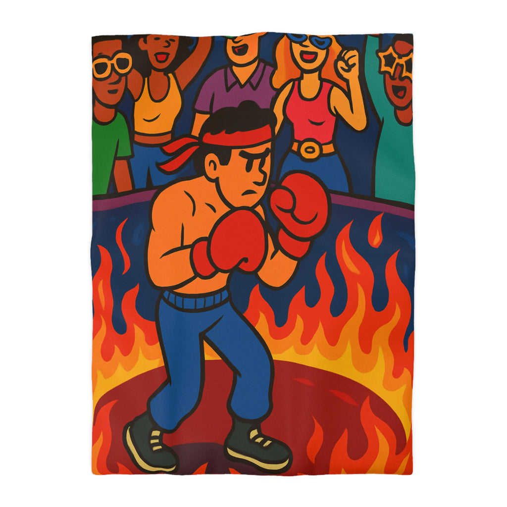 Housse de couette originale avec boxeur entouré de flammes et foule colorée