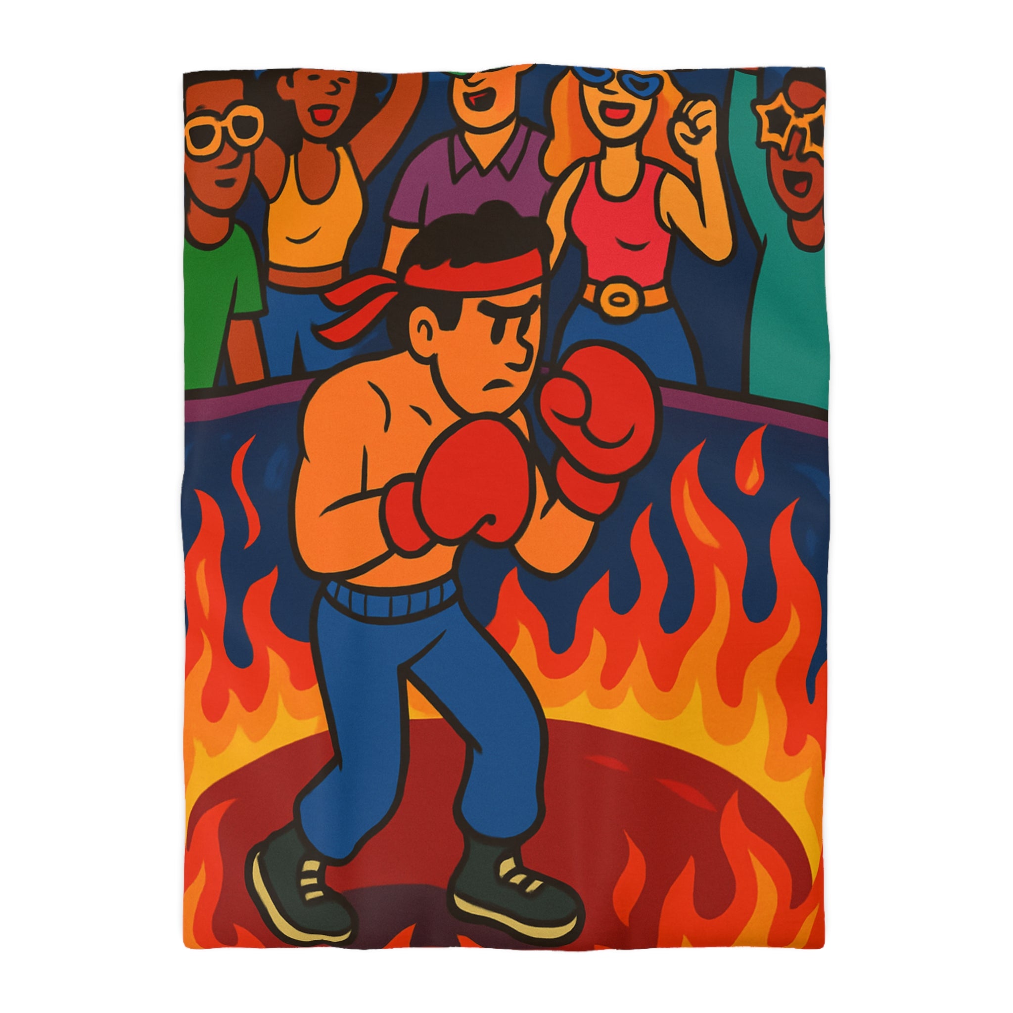 Housse de couette originale avec boxeur entouré de flammes et foule colorée