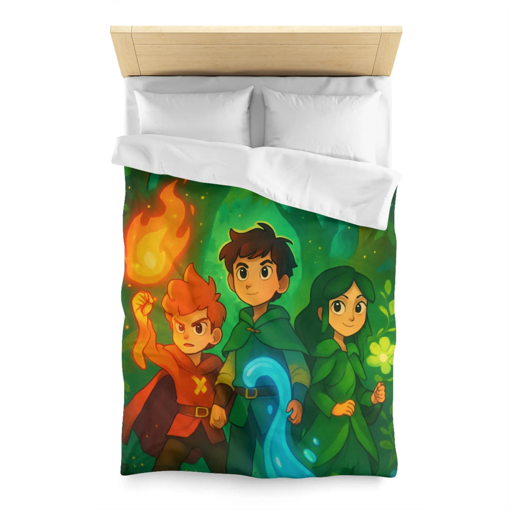 Housse de couette enchantée avec personnages magiques dans une forêt lumineuse et colorée