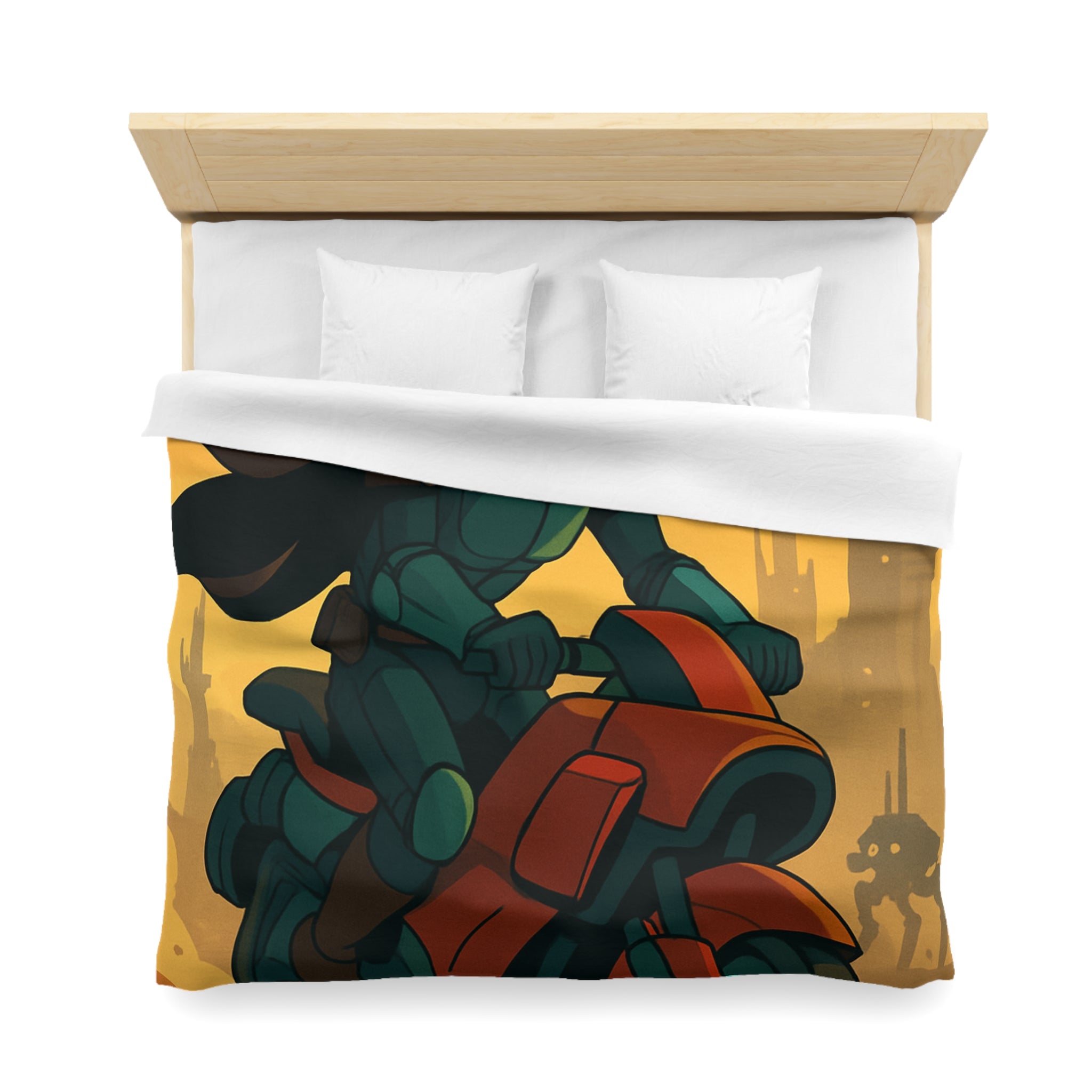 Housse de couette moto futuriste avec pilote en armure et paysage urbain orange