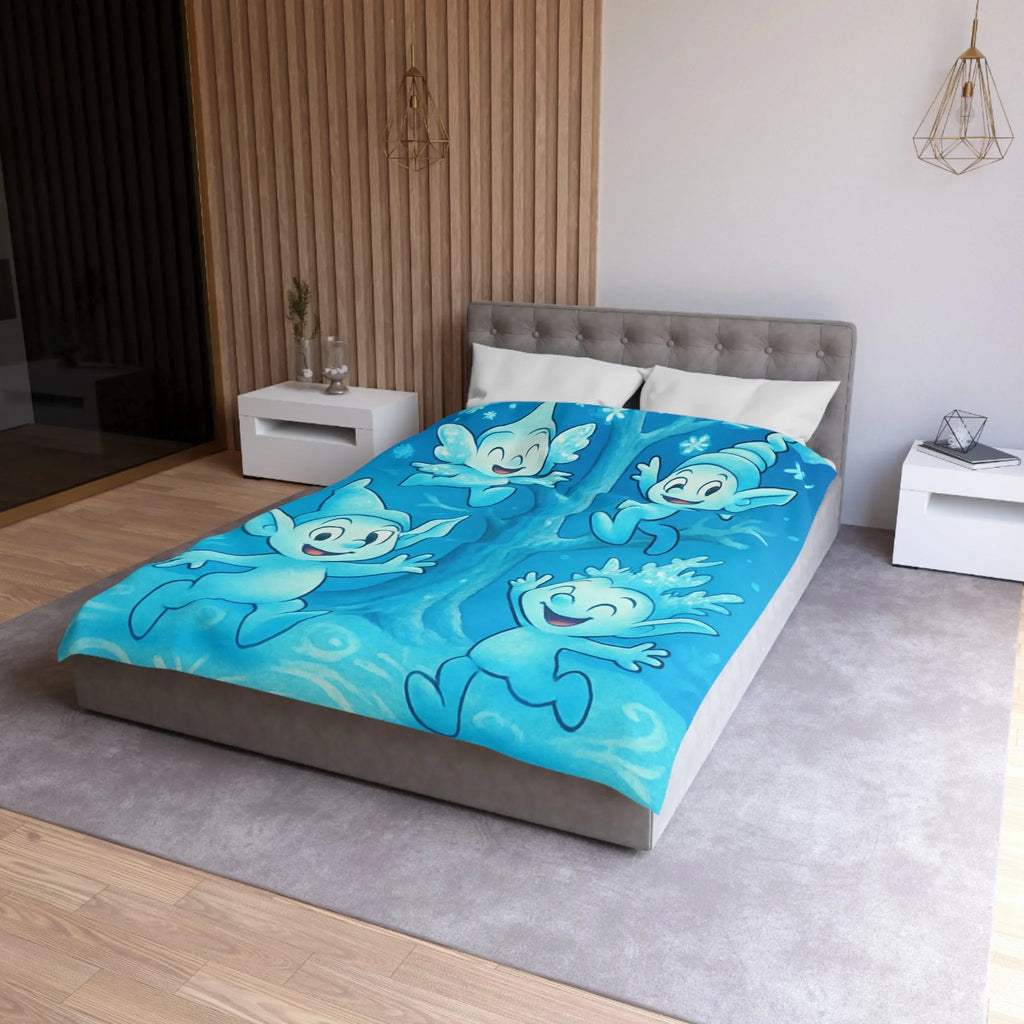 Housse de couette féerique avec lutins bleus dans forêt enchantée hivernale et magique