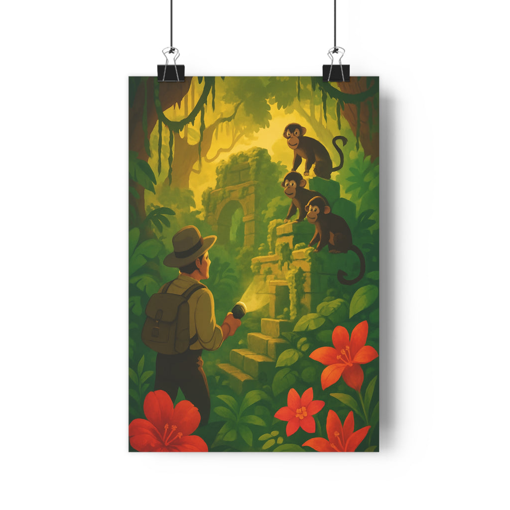 Poster décoratif jungle vert doré aventure explorateur anime mystique salon jungle botanique vibrant qualité