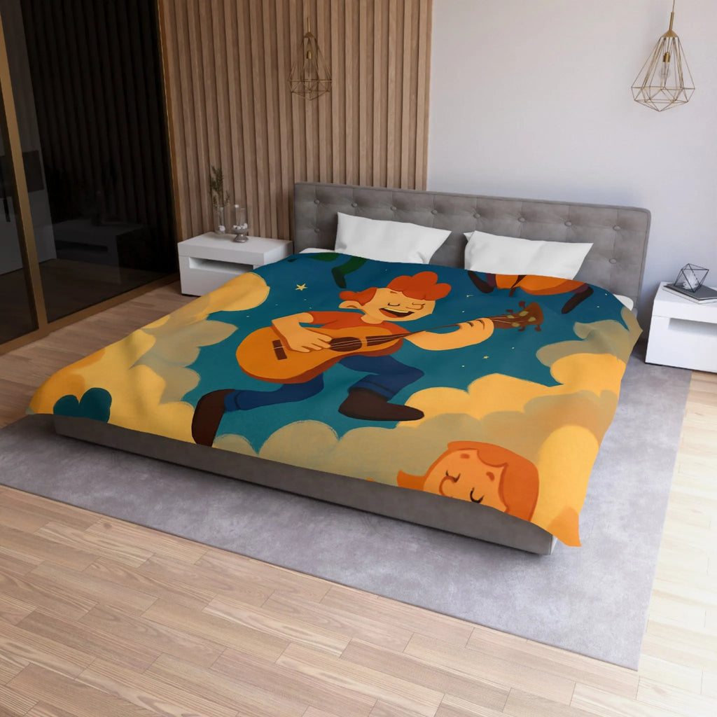 Housse de couette colorée avec musiciens joyeux flottant parmi les nuages étoilés
