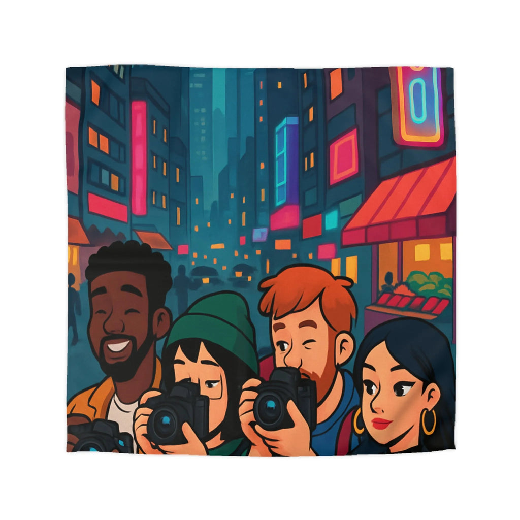 Housse de couette avec photographe urbain, design moderne et ambiance néon vibrante