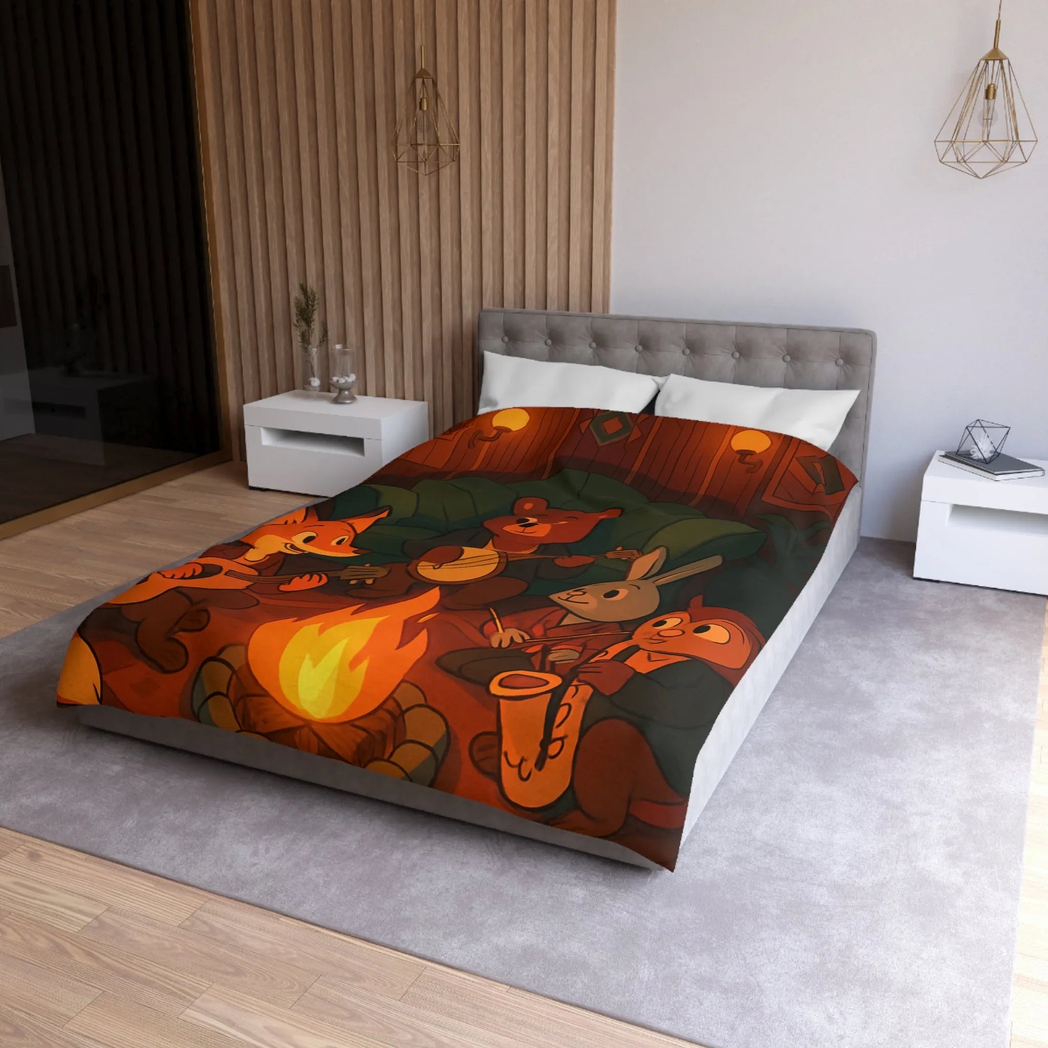 Housse de Couette Animaux Musiciens Autour Feu de Camp Ambiance Cosy pour Chambre Enfant