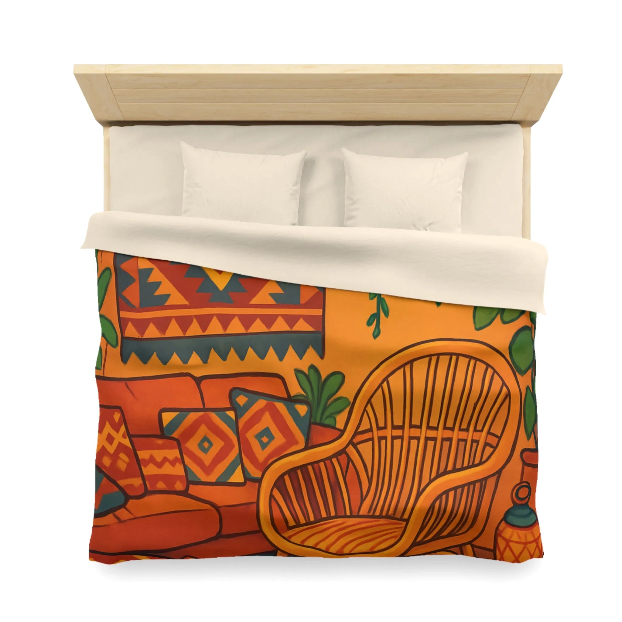 Housse de Couette aux Motifs Géométriques Bohèmes avec Tons Oranges et Bleus Éclatants