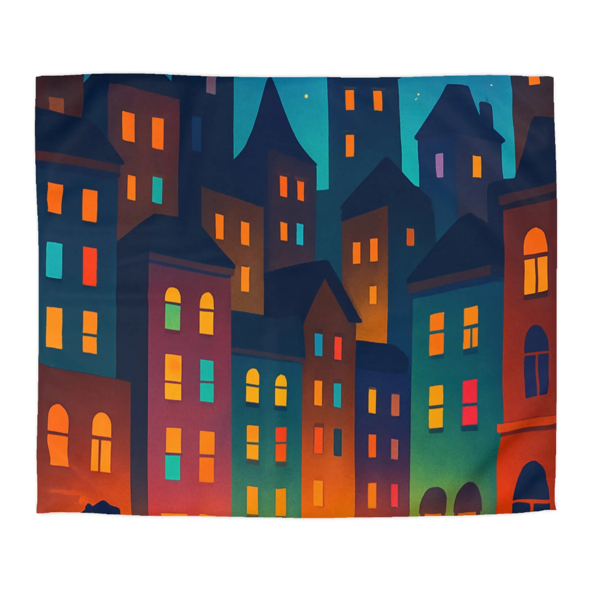 Housse de couette ambiance urbaine douce avec personnages et immeubles nocturnes stylisés