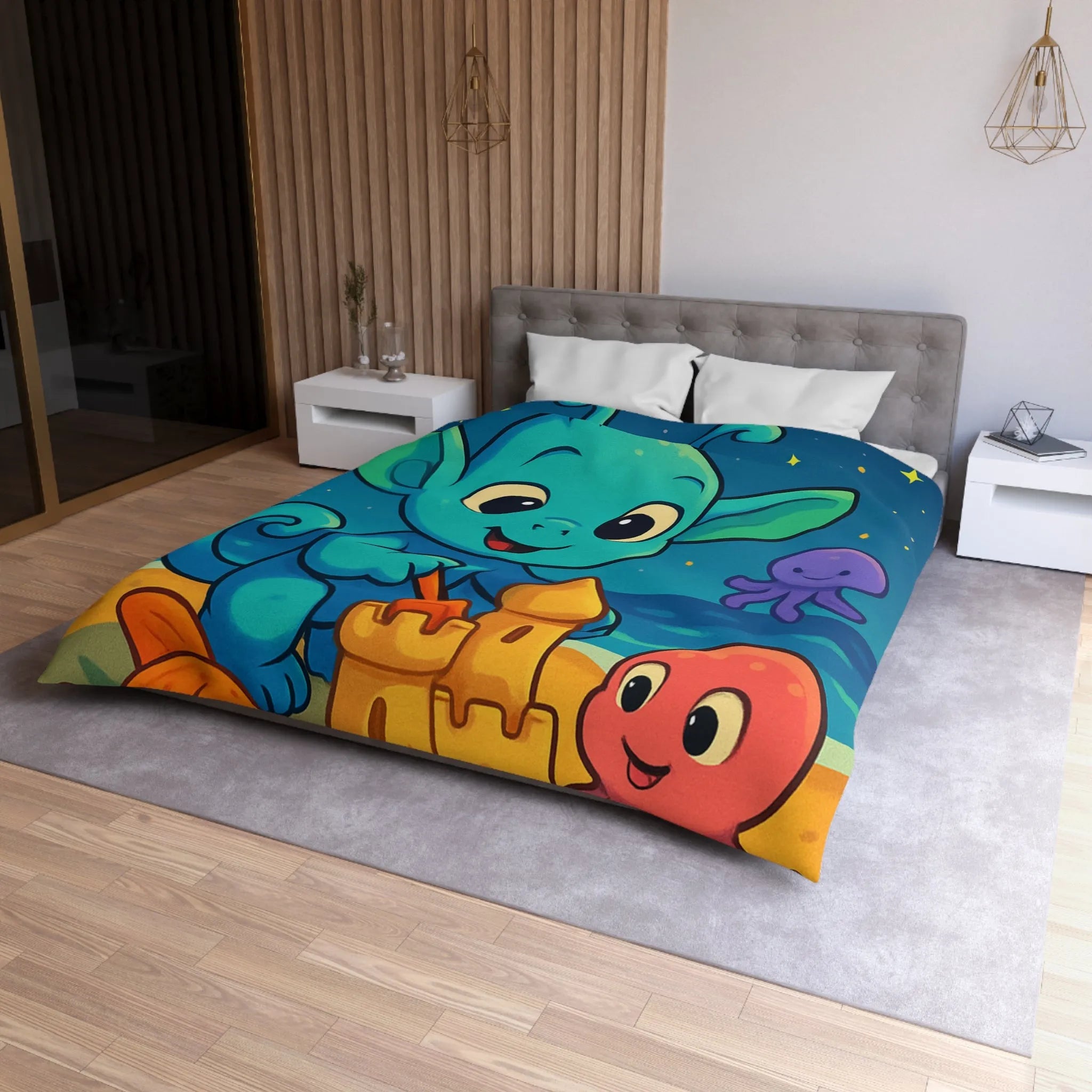 Housse de couette enfant avec créature bleue construisant un château de sable amusant