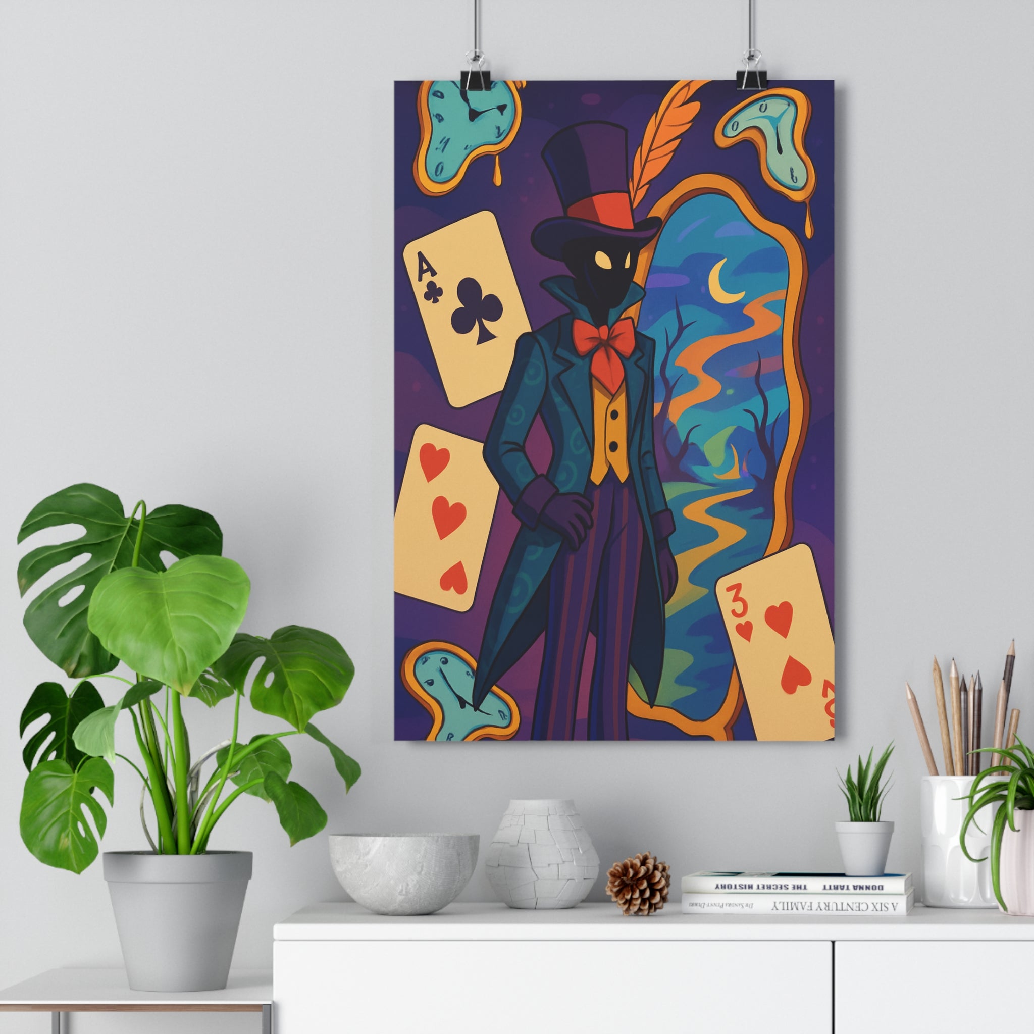 Poster décoratif surréaliste bleu orange violet mystique salon chambre élégant mystérieux magique cartes horloges