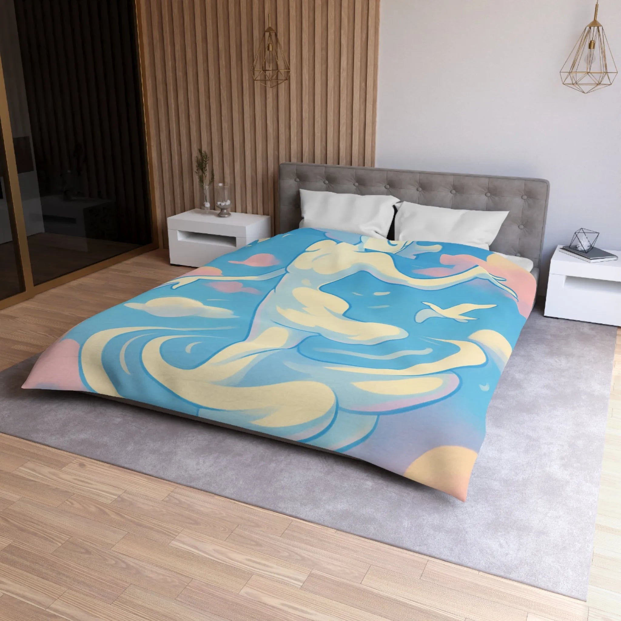 Ciel Enchanté: Housse de Couette Artistique avec Nuages et Oiseaux en Harmonie Paisible