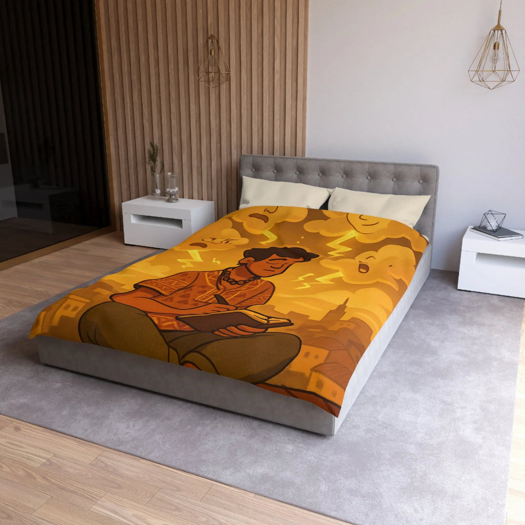 Housse de couette artistique avec motif méditatif, nuageux et expressions émotionnelles illustrées